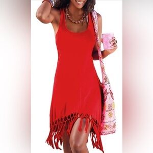 Onlypuff Red Sleeveless Tassel Tank Dress Size M – Fringe Hem, Beach Sundress